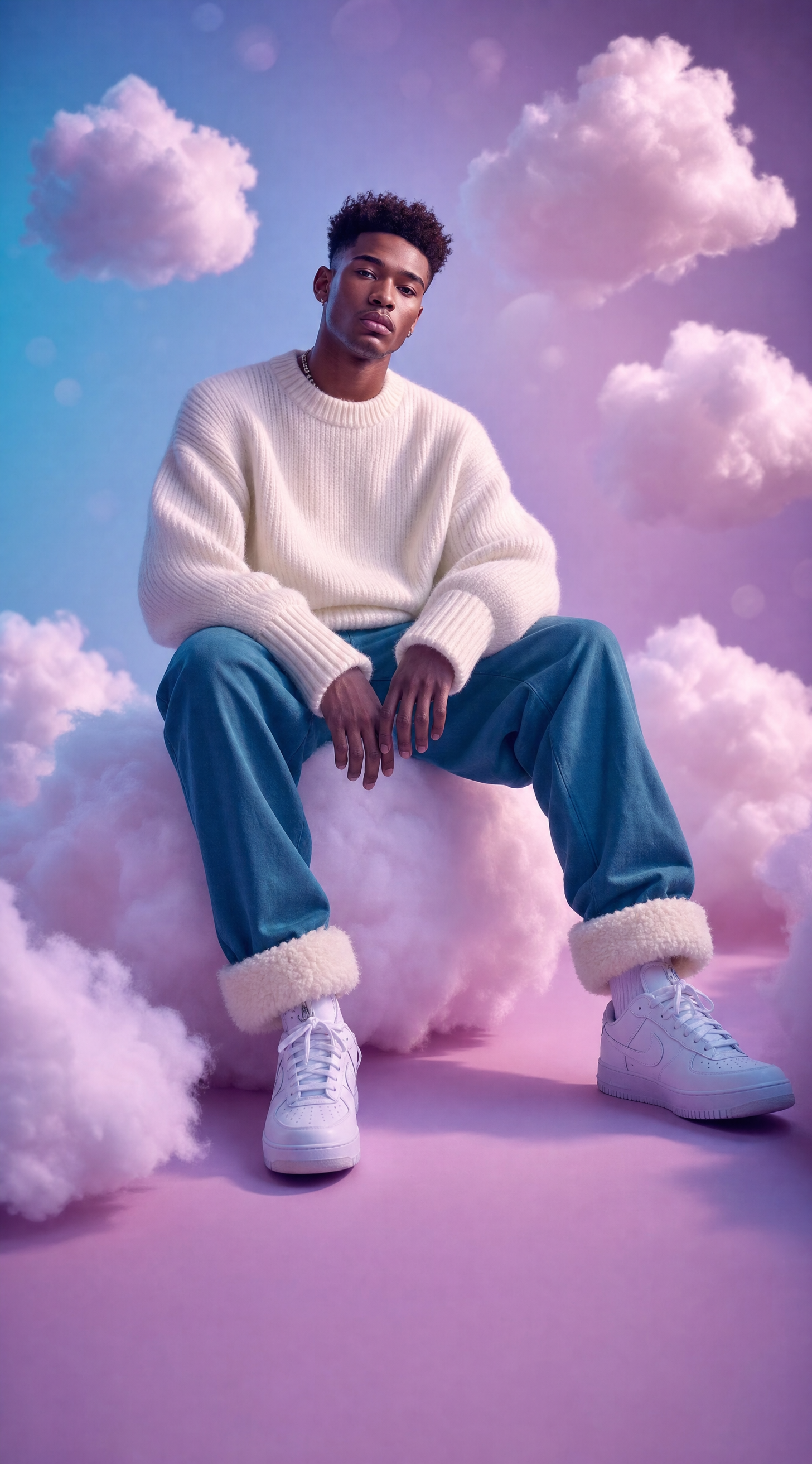 Young man in clouds with teal haze