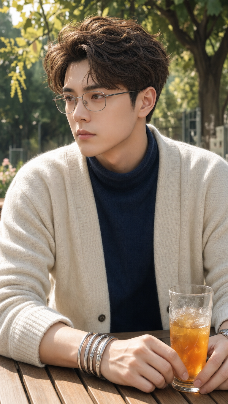 Young man in cream cardigan with orange iced drink