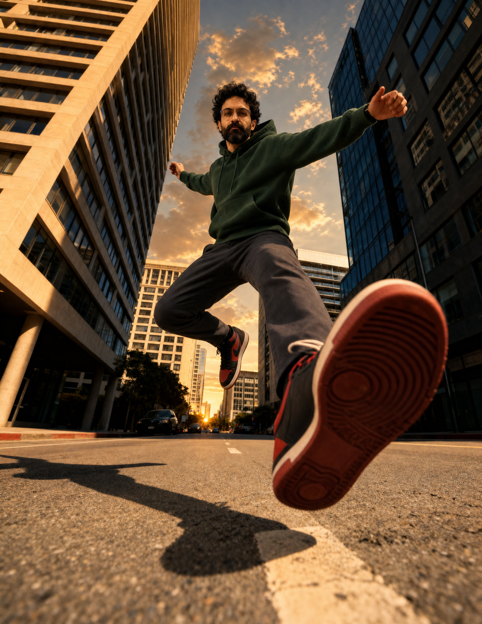 Young man in dark green hoodie jumping forward