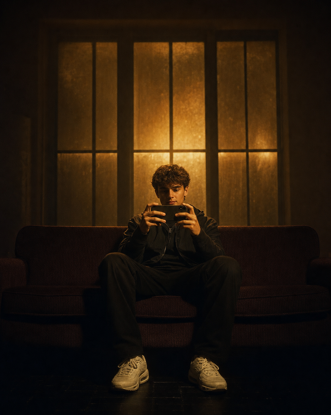 Young man in dark jacket holding phone on sofa