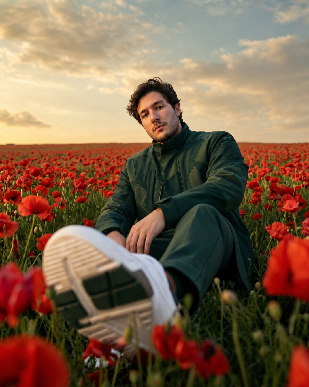 Young man in forest-green jacket in red tulips