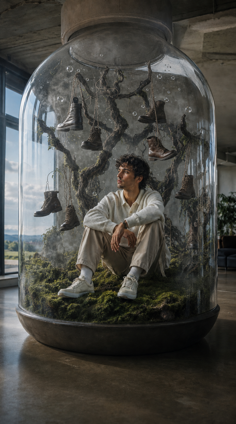 Young man in moss terrarium with hanging boots