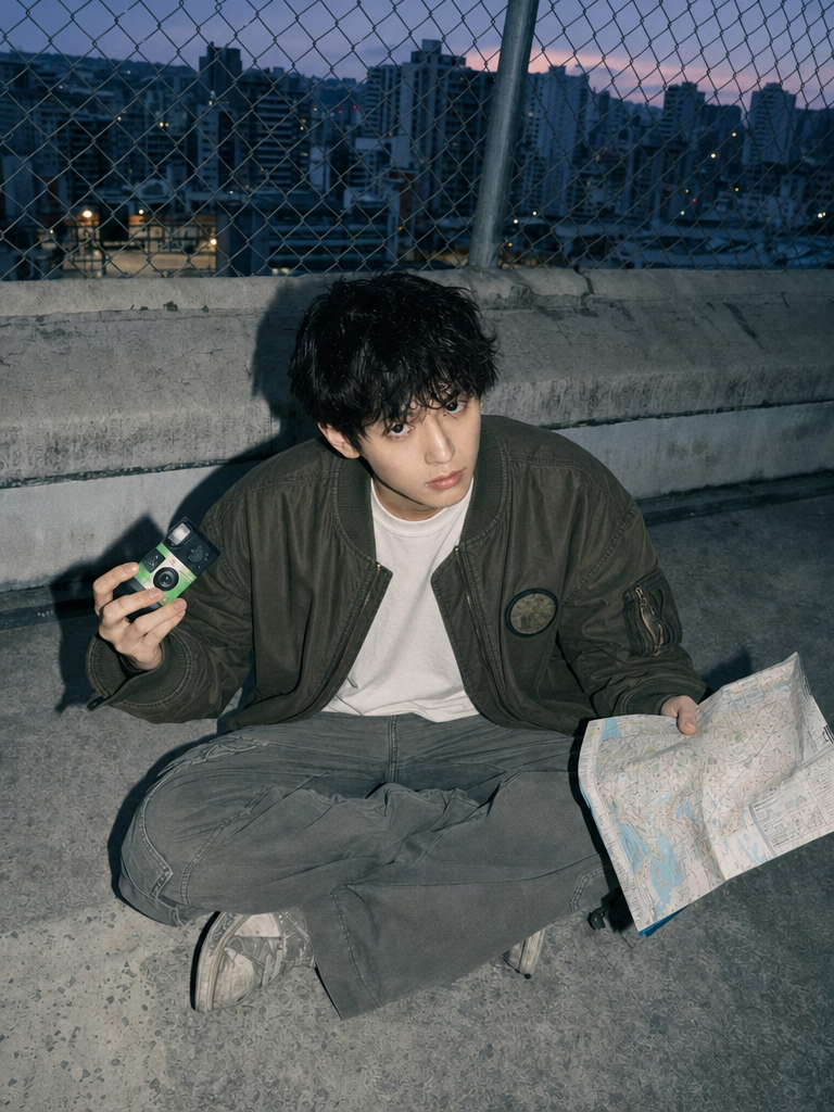 Young man in olive bomber jacket on rooftop