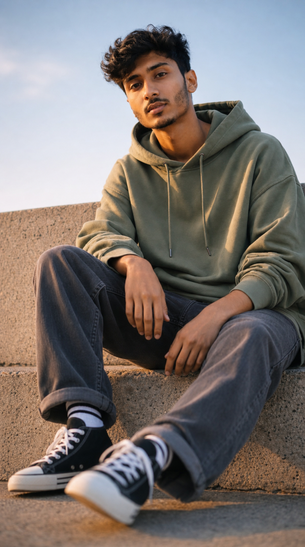 Young man in sage hoodie on concrete edge