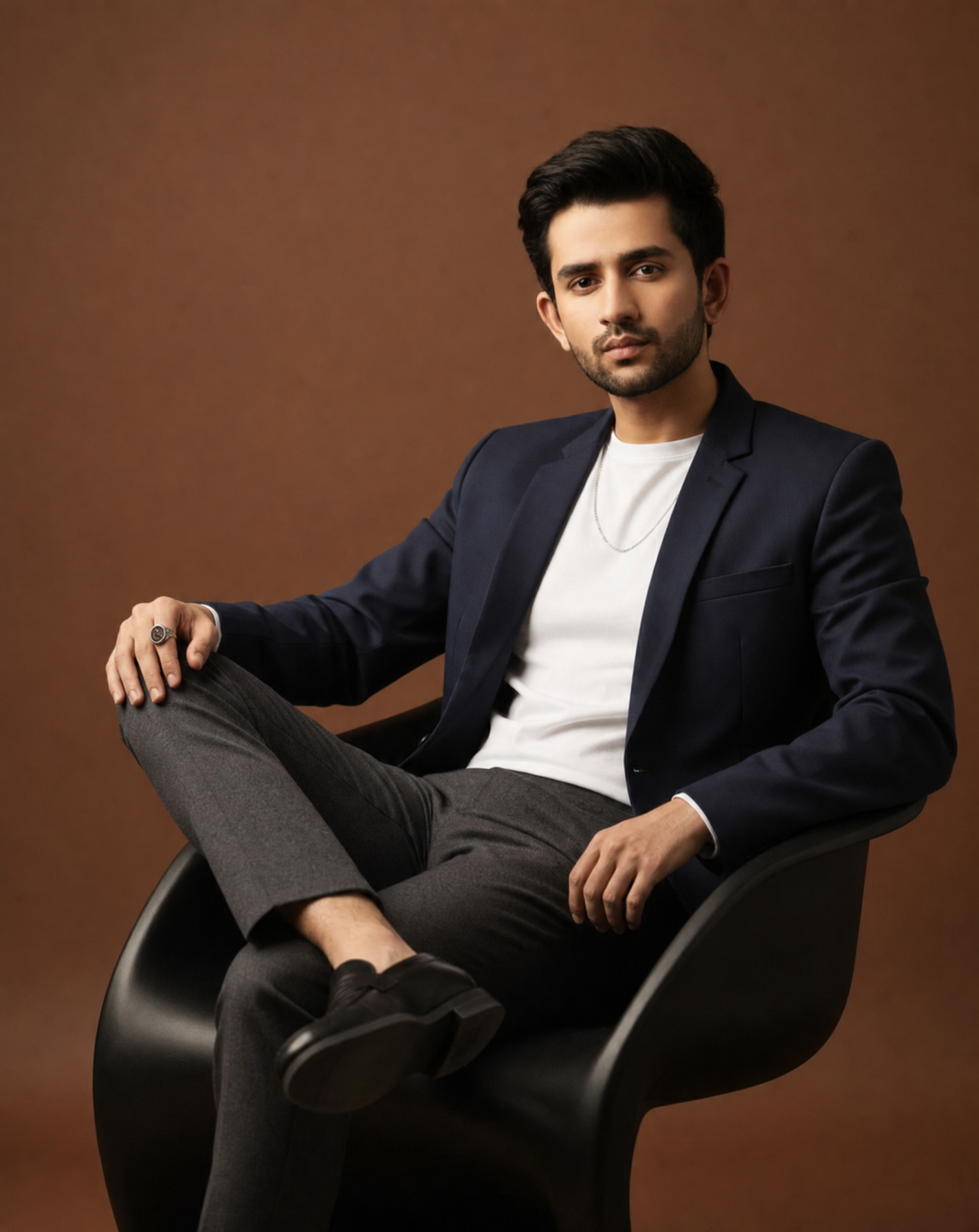Young man in sculptural black chair
