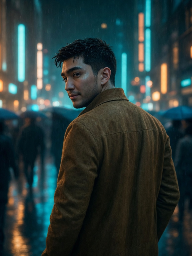 Young man in tan suede jacket, neon rain