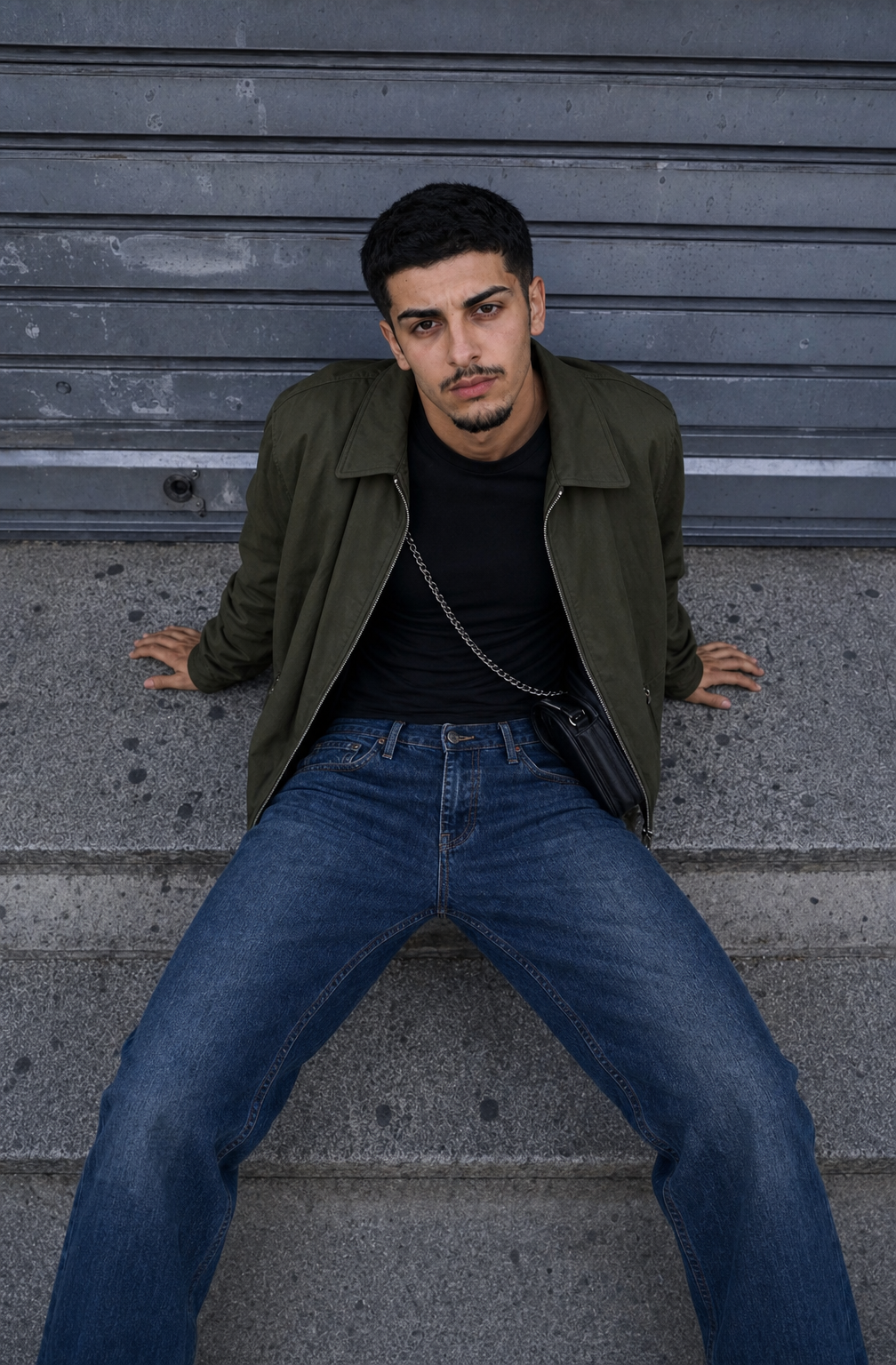 Young man on concrete step, olive jacket