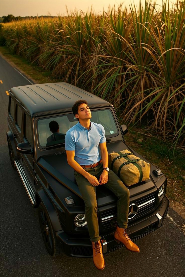 Young man on matte black G-Wagon hood