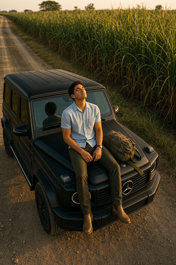Young man on matte black G-Wagon hood