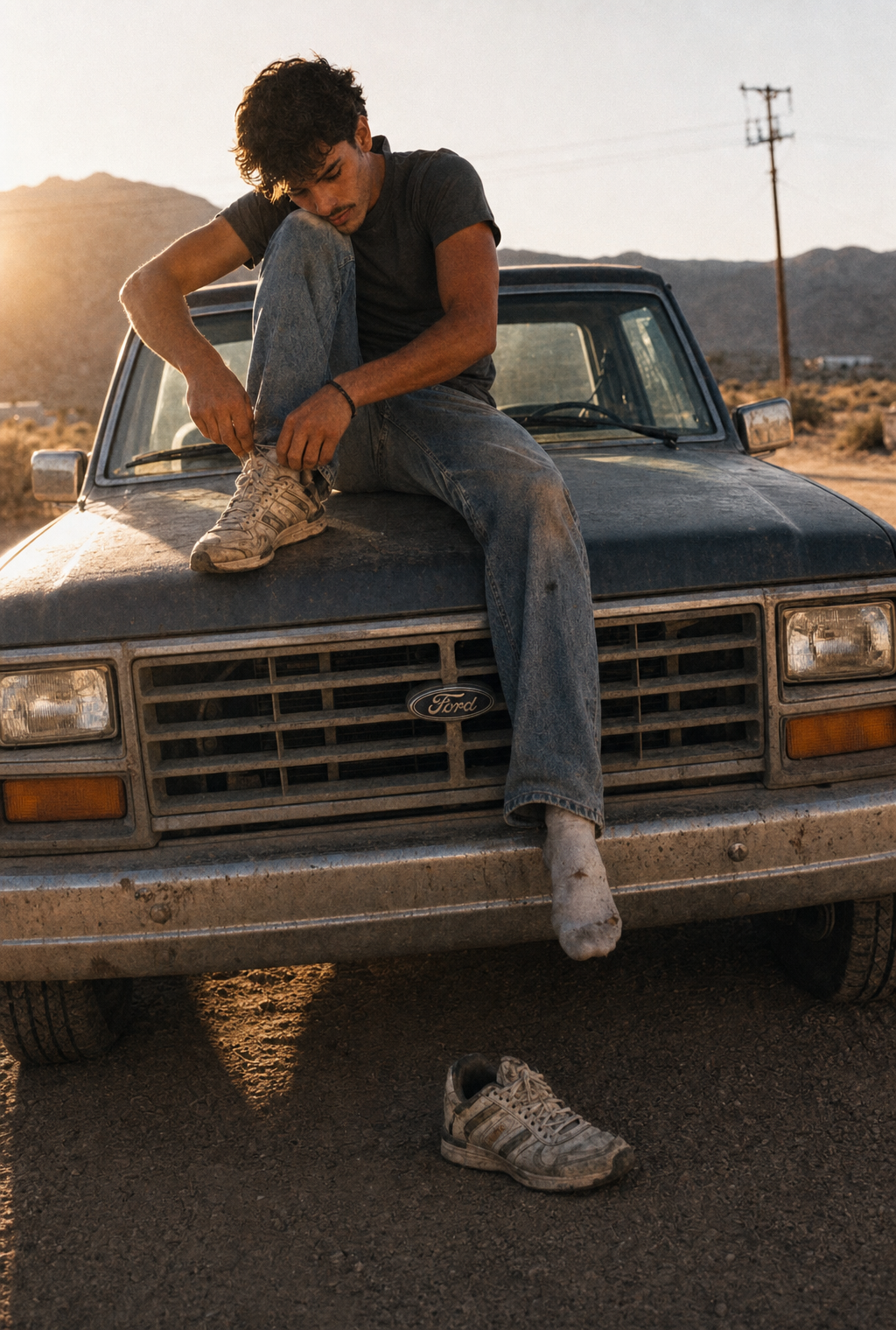 Young man tying sneakers on old Ford truck hood
