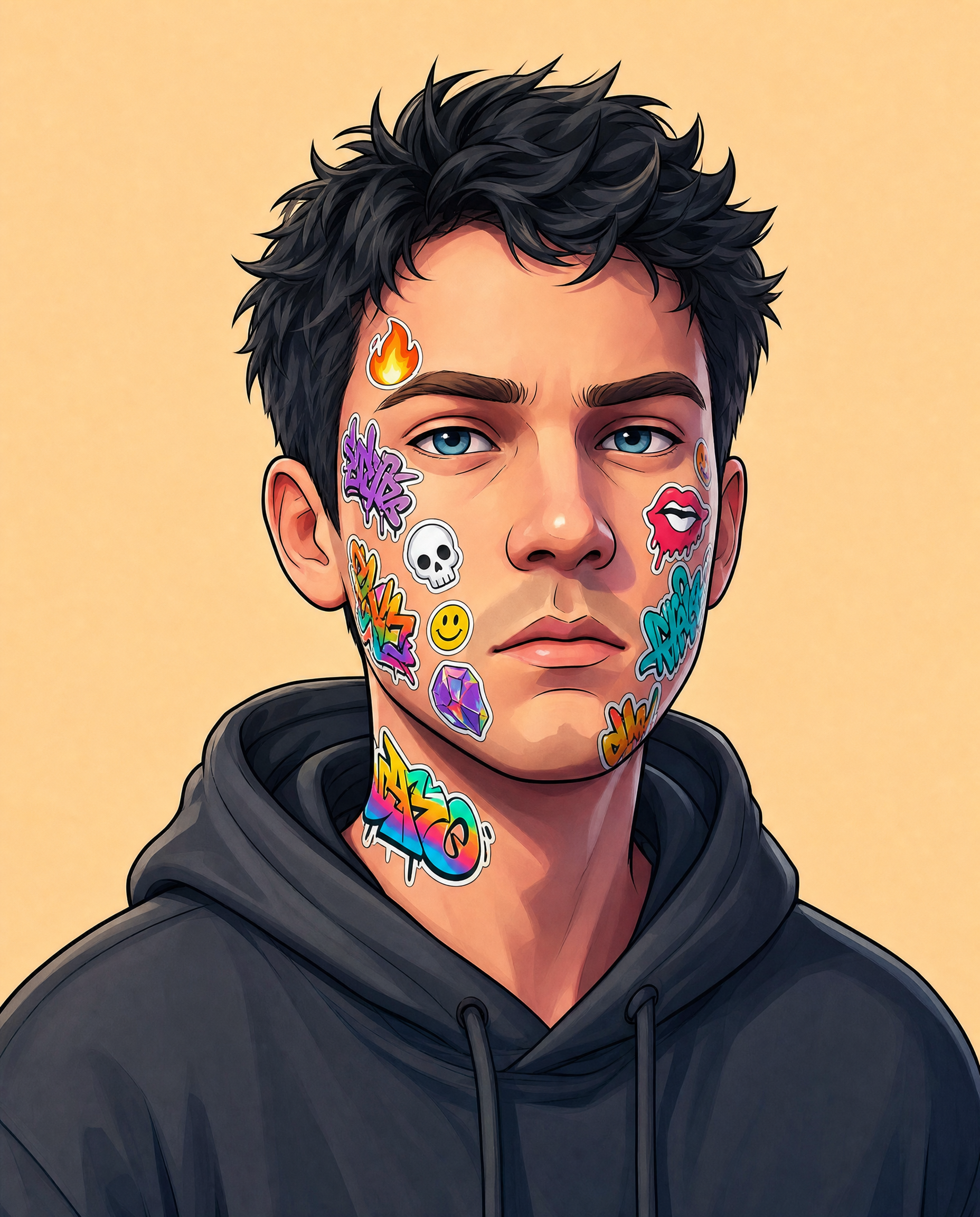 Young man with black messy hair, sticker-covered face