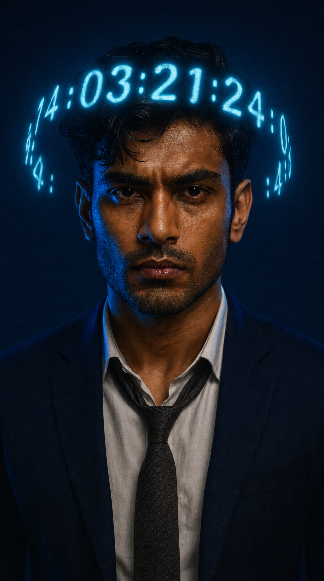Young man with cyan numeric halo