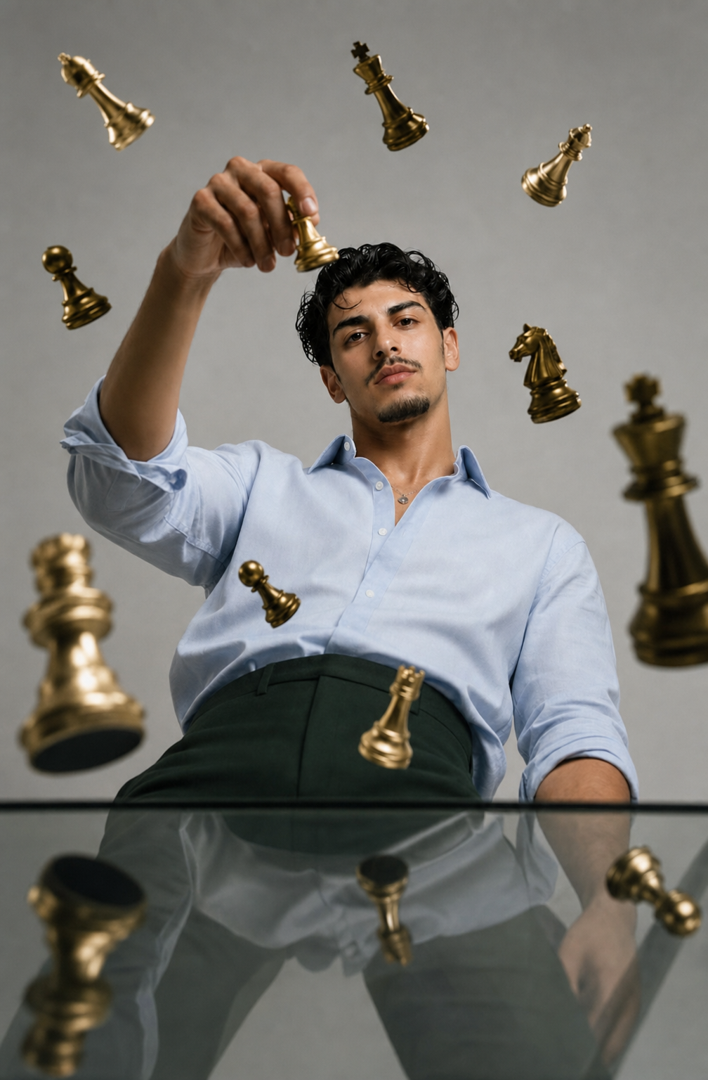 Young man with gold chess piece under glass table