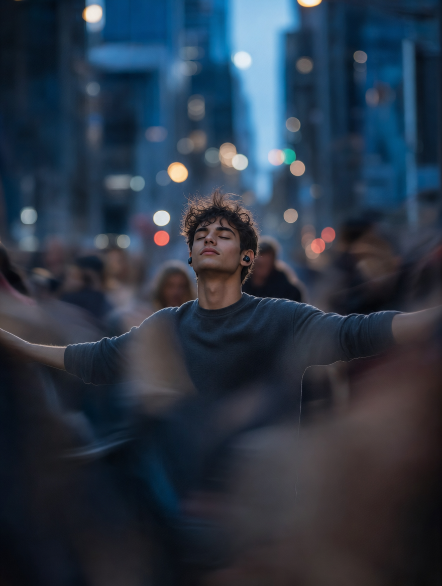 Young man with in-ear headphones, blue hour city