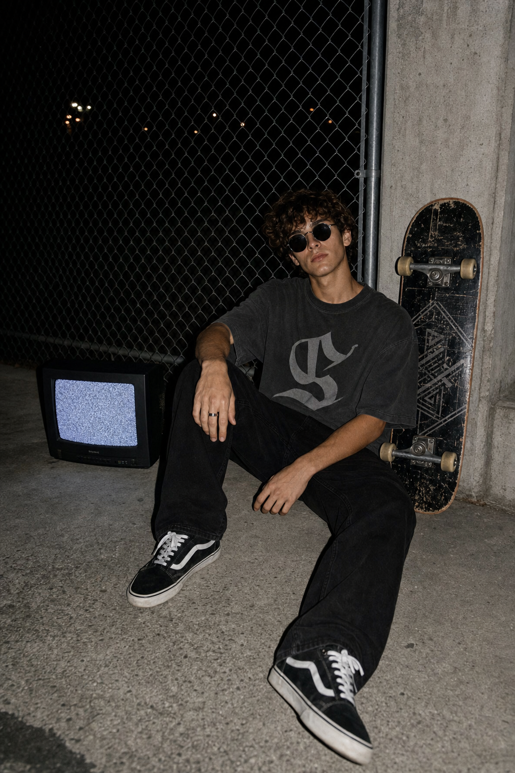 Young man with matte round sunglasses, dark t-shirt