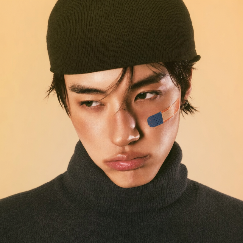 Young man with olive beanie and sticker cheek