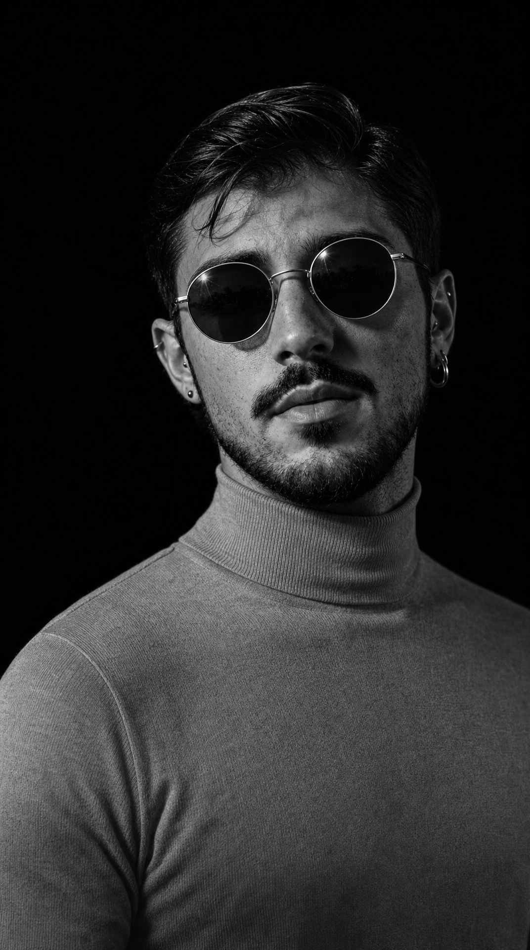 Young man with silver round sunglasses, light turtleneck