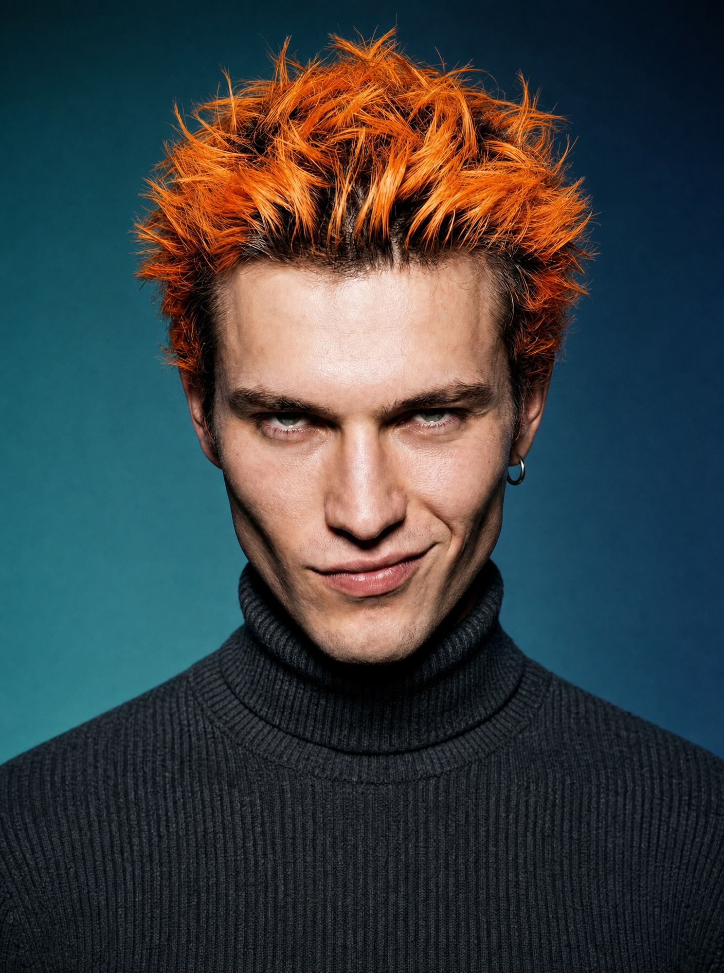 Young man with spiky orange hair and hoop earring