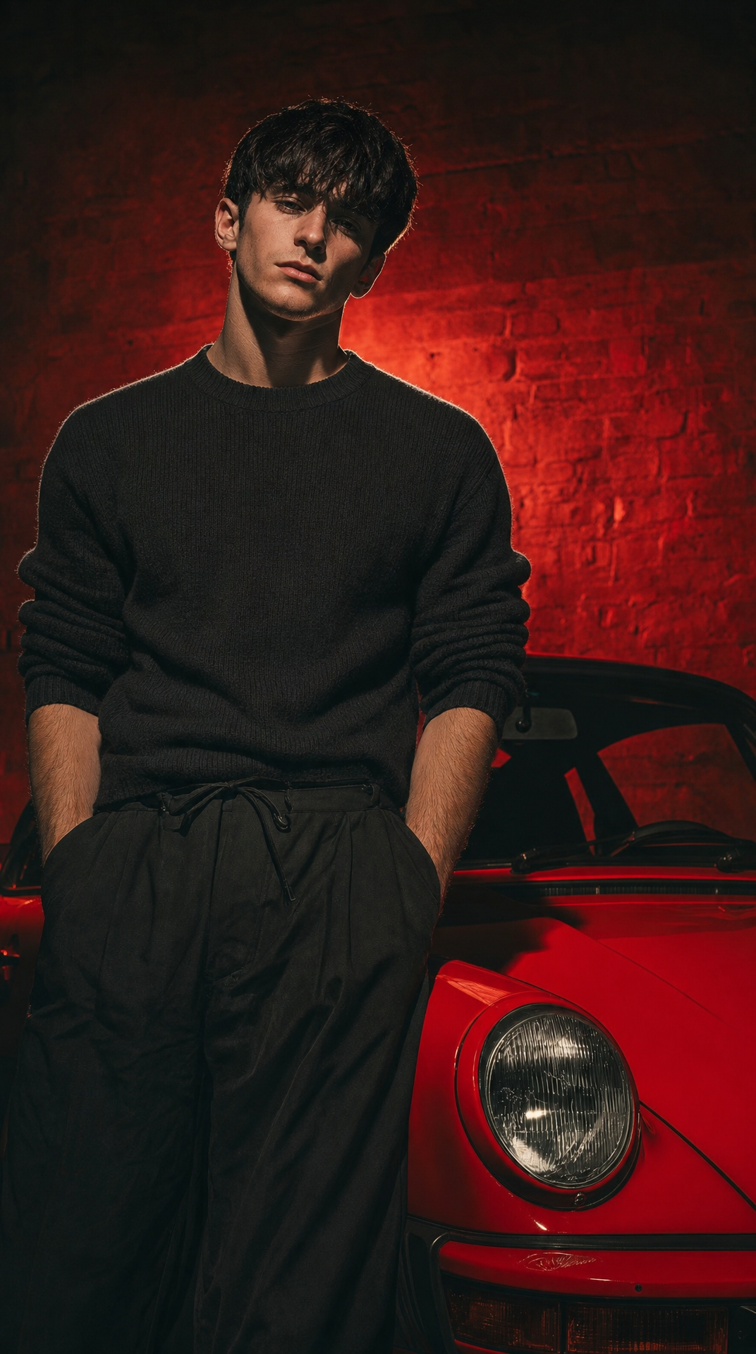 Young model in studio by sports car