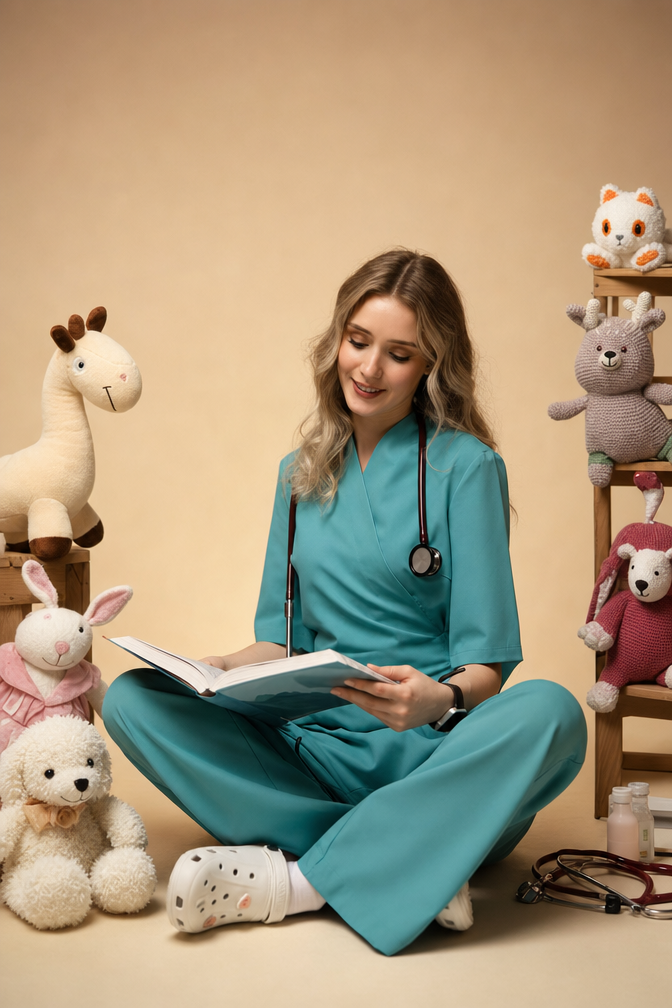 Young nurse in teal scrubs reading medical book