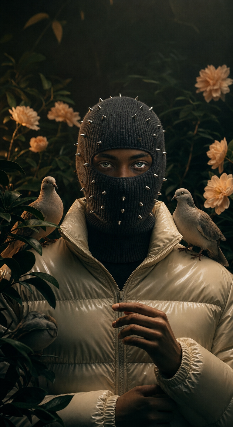 Young person in charcoal balaclava and cream puffer