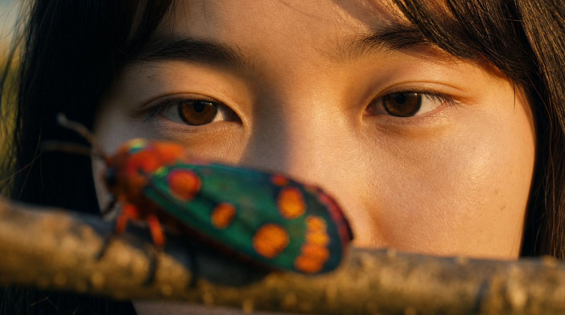 Young person with warm light eyes studying beetle