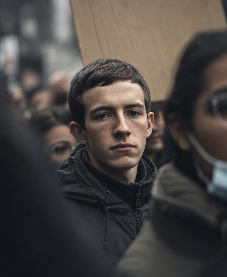 Young protester in tense crowd close-up