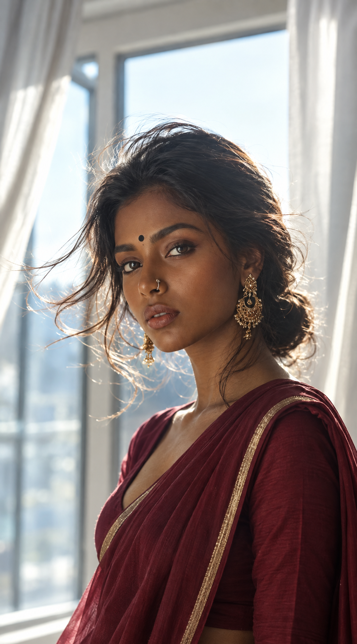 Young South Asian Woman in Maroon Gold Sari