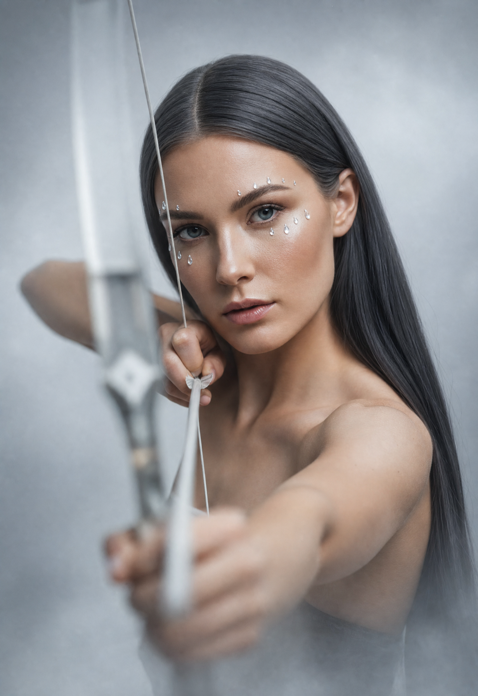 Young woman aiming bow with charcoal hair
