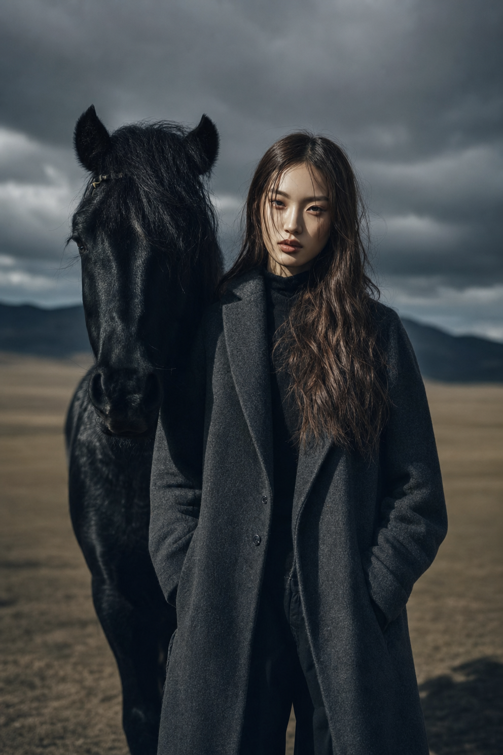 Young Woman Beside Stormy Black Horse
