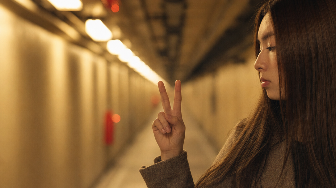 Young woman chestnut hair in tunnel peace gesture