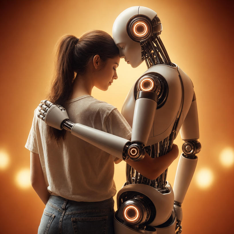 Young woman embraced by robot, red-orange details