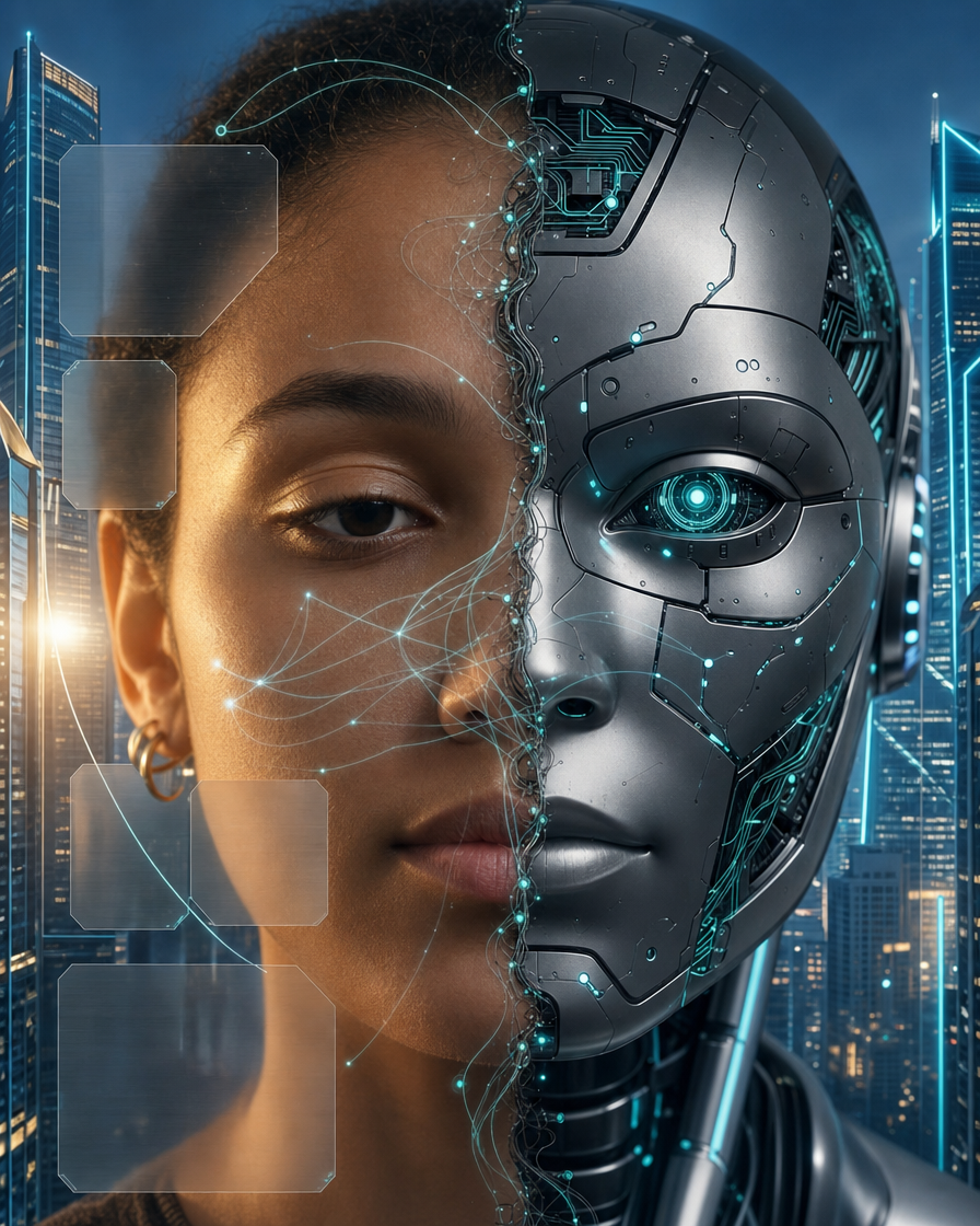 Young Woman Half-Merged With Teal Circuit AI