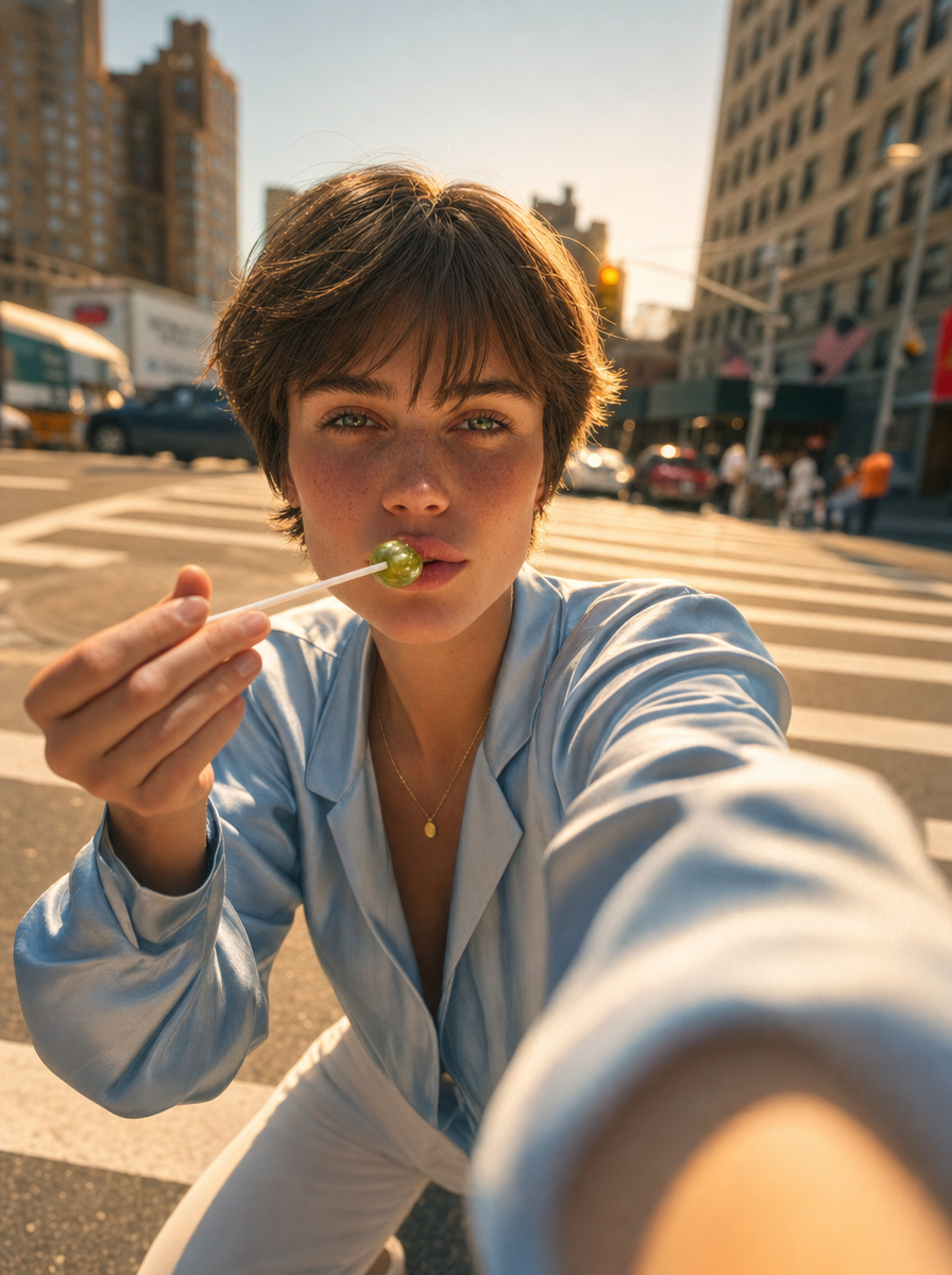 Young woman holding a green lollipop near intersection