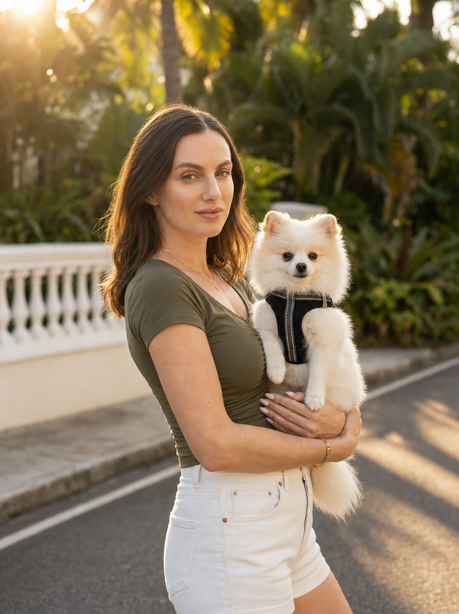 Young woman holding cream Pomeranian, olive blouse