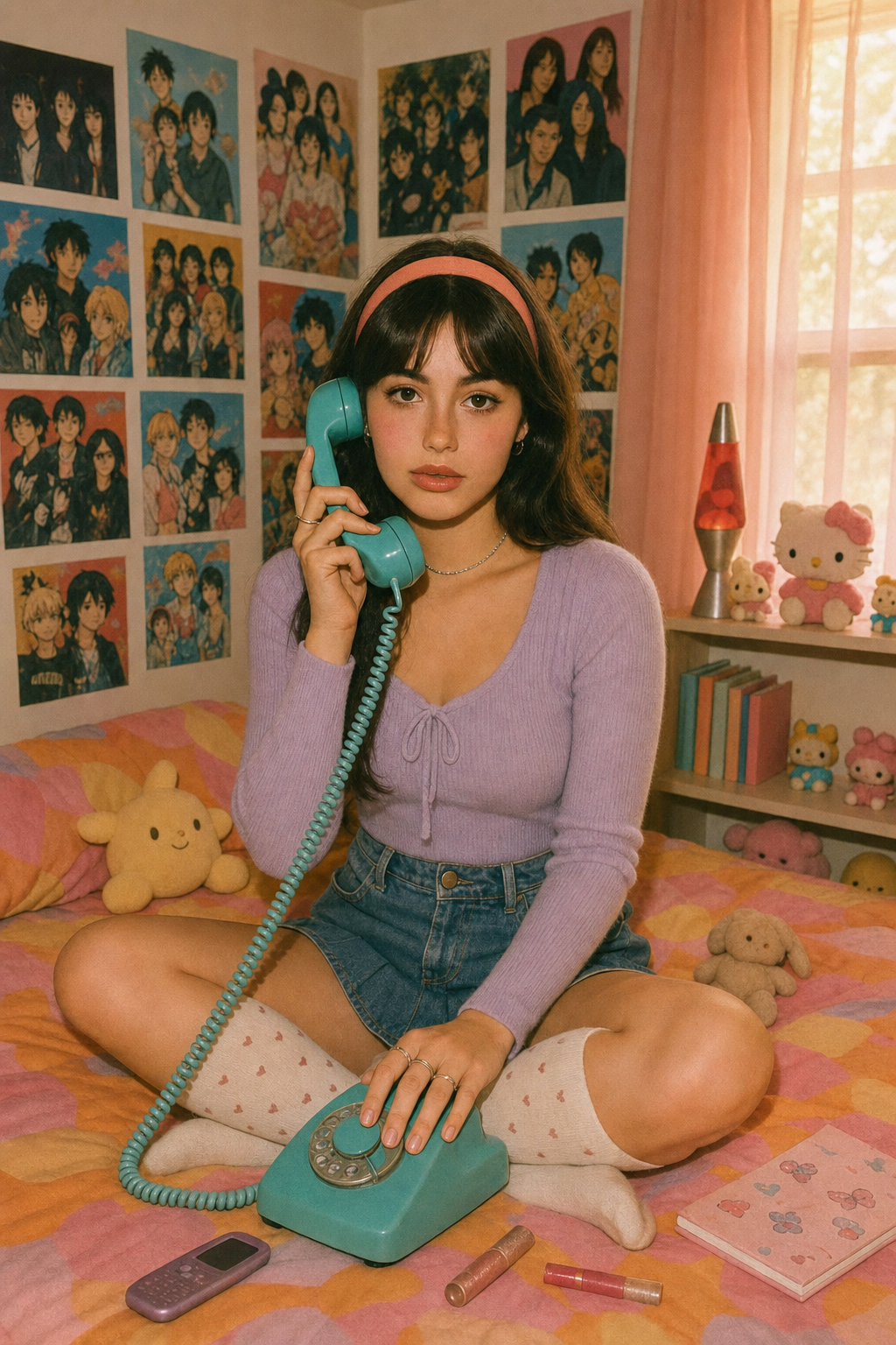 Young woman holding teal corded phone on pastel bed