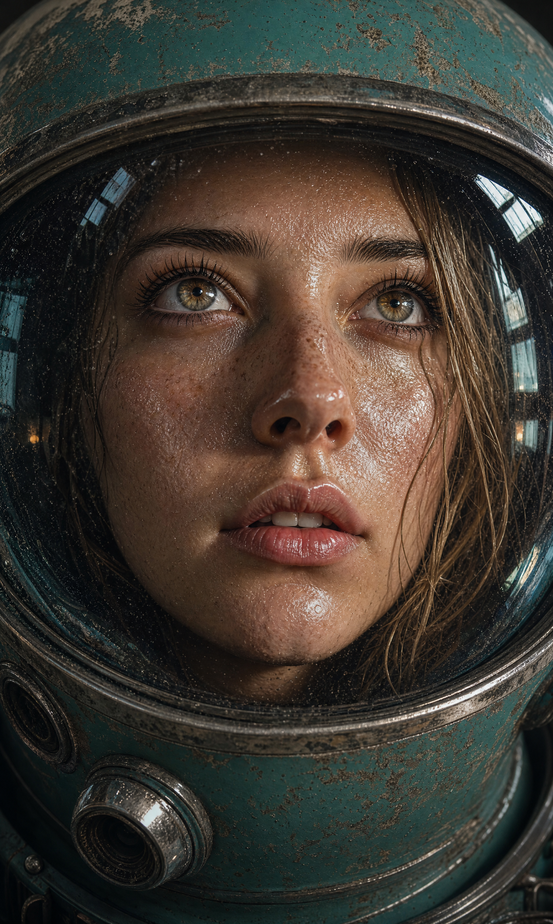 Young woman in a teal space helmet
