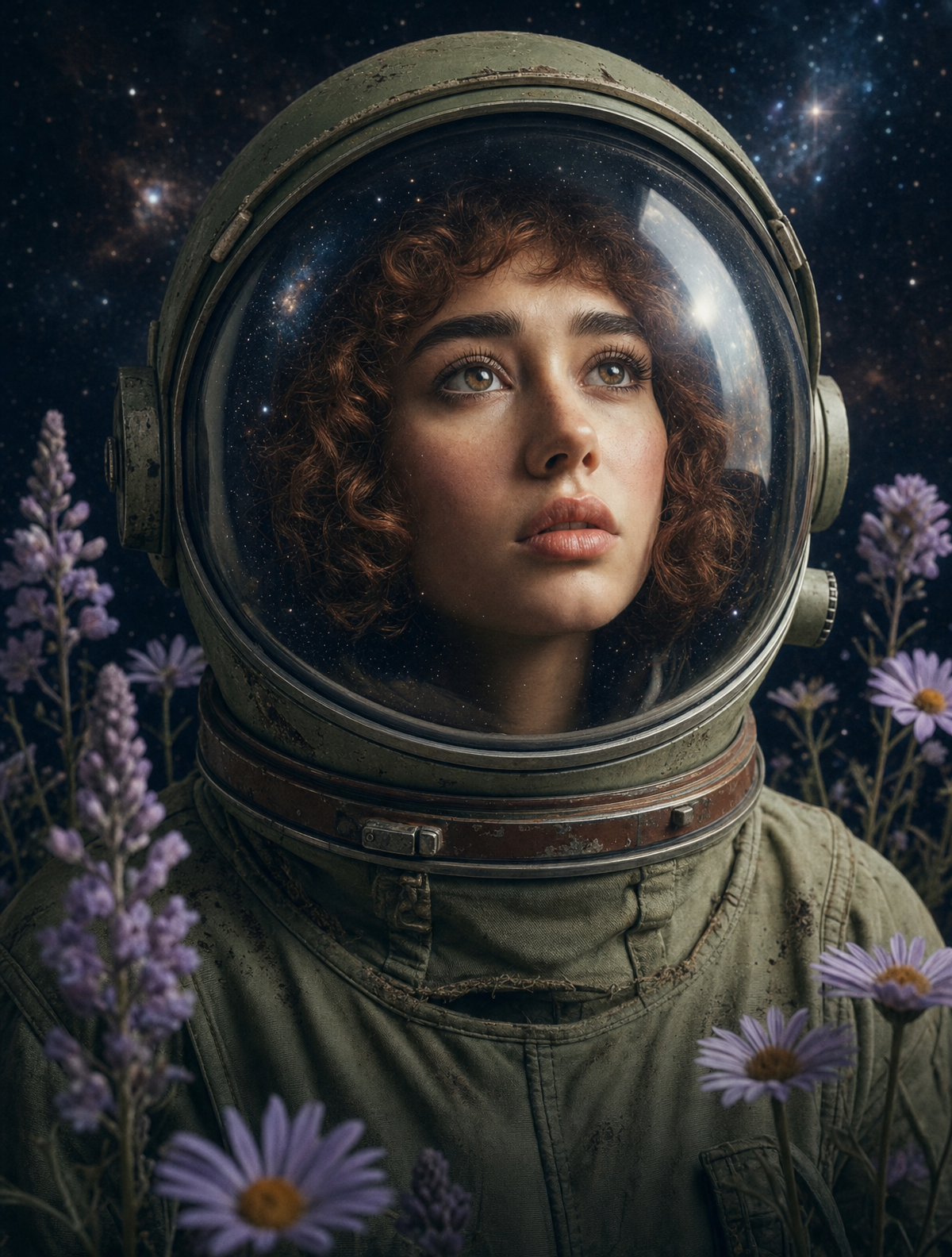 Young woman in an olive astronaut helmet