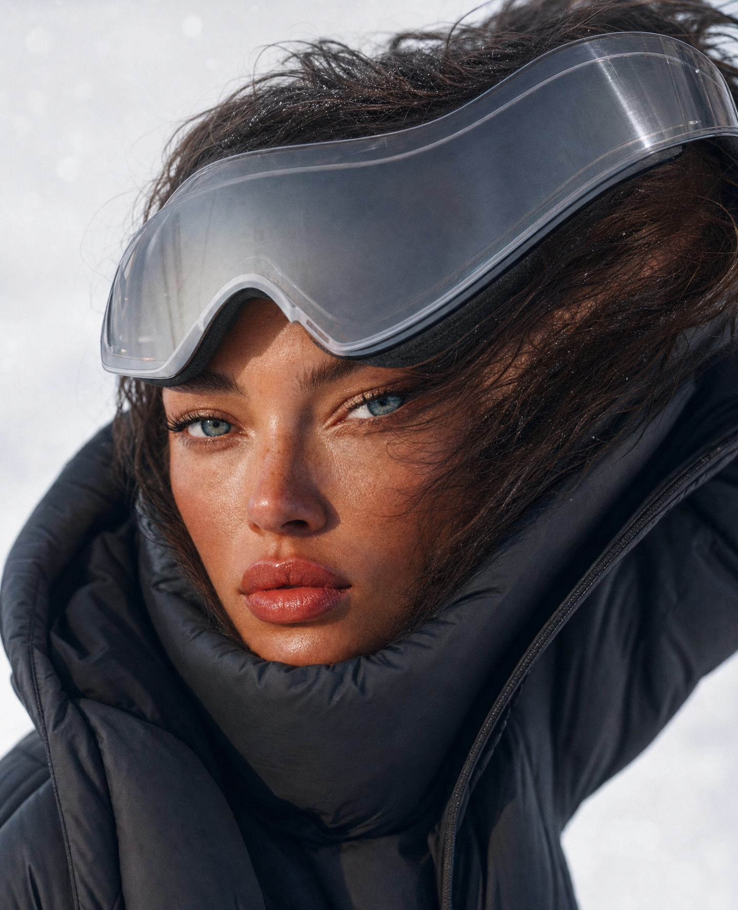 Young woman in black puffy jacket, gray goggles