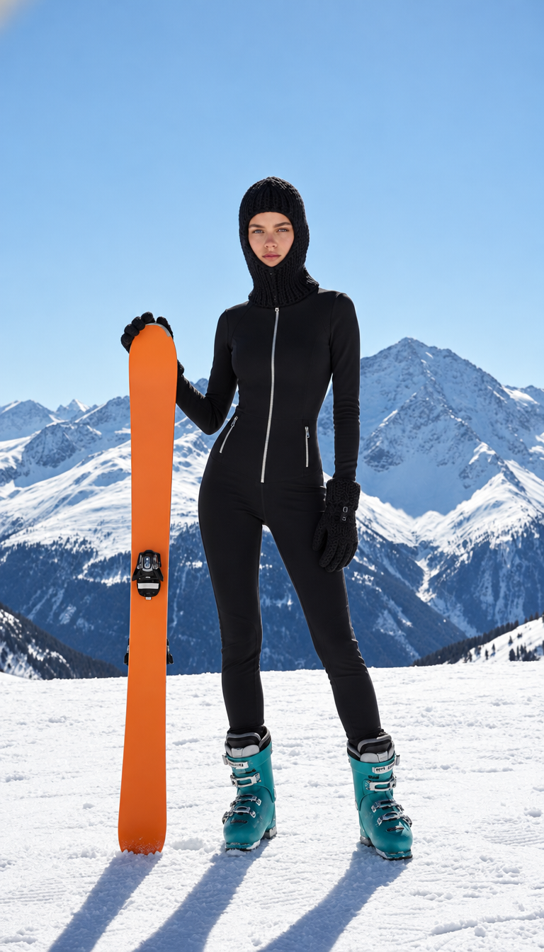 Young woman in black ski suit holding orange snowboard