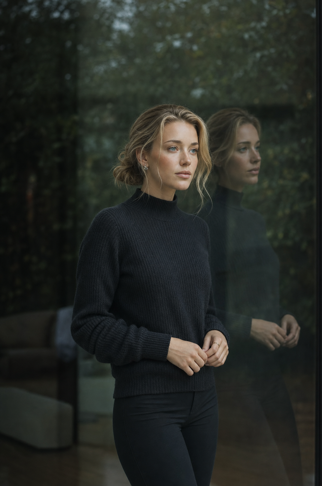 Young woman in charcoal sweater by reflective glass