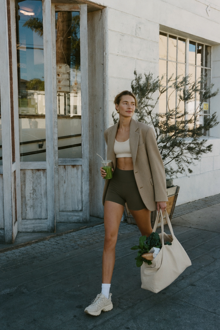 Young woman in cream top with tan blazer
