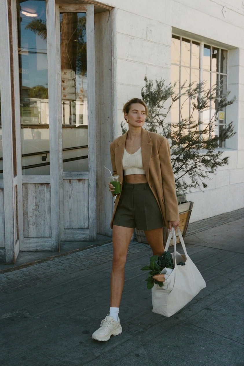 Young woman in cream top with tan blazer