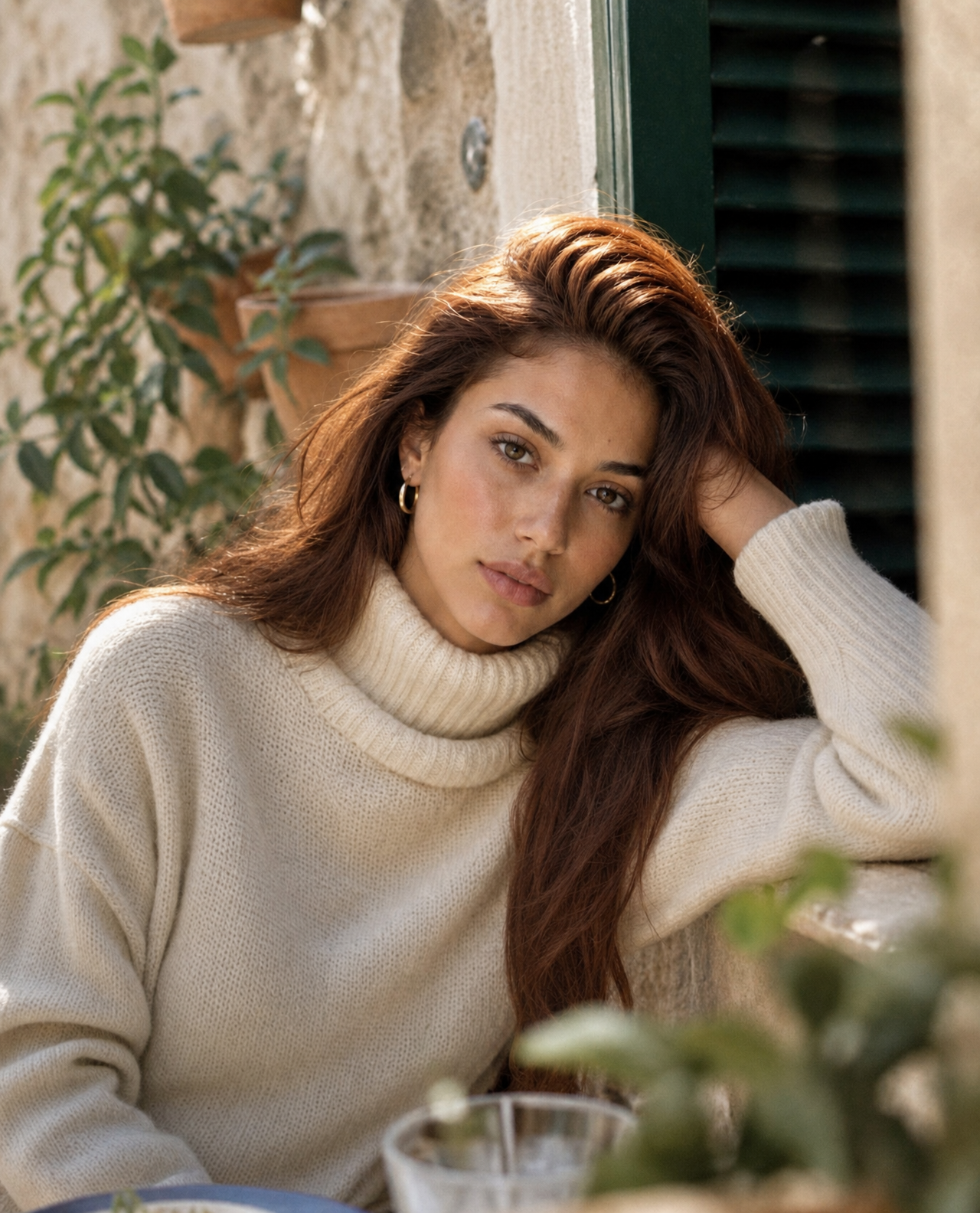Young woman in cream turtleneck by stone wall — gpt-image-2