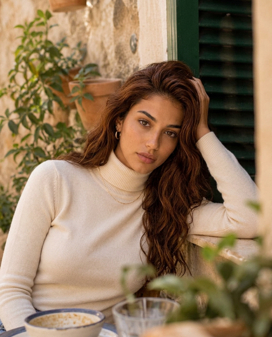 Young woman in cream turtleneck by stone wall