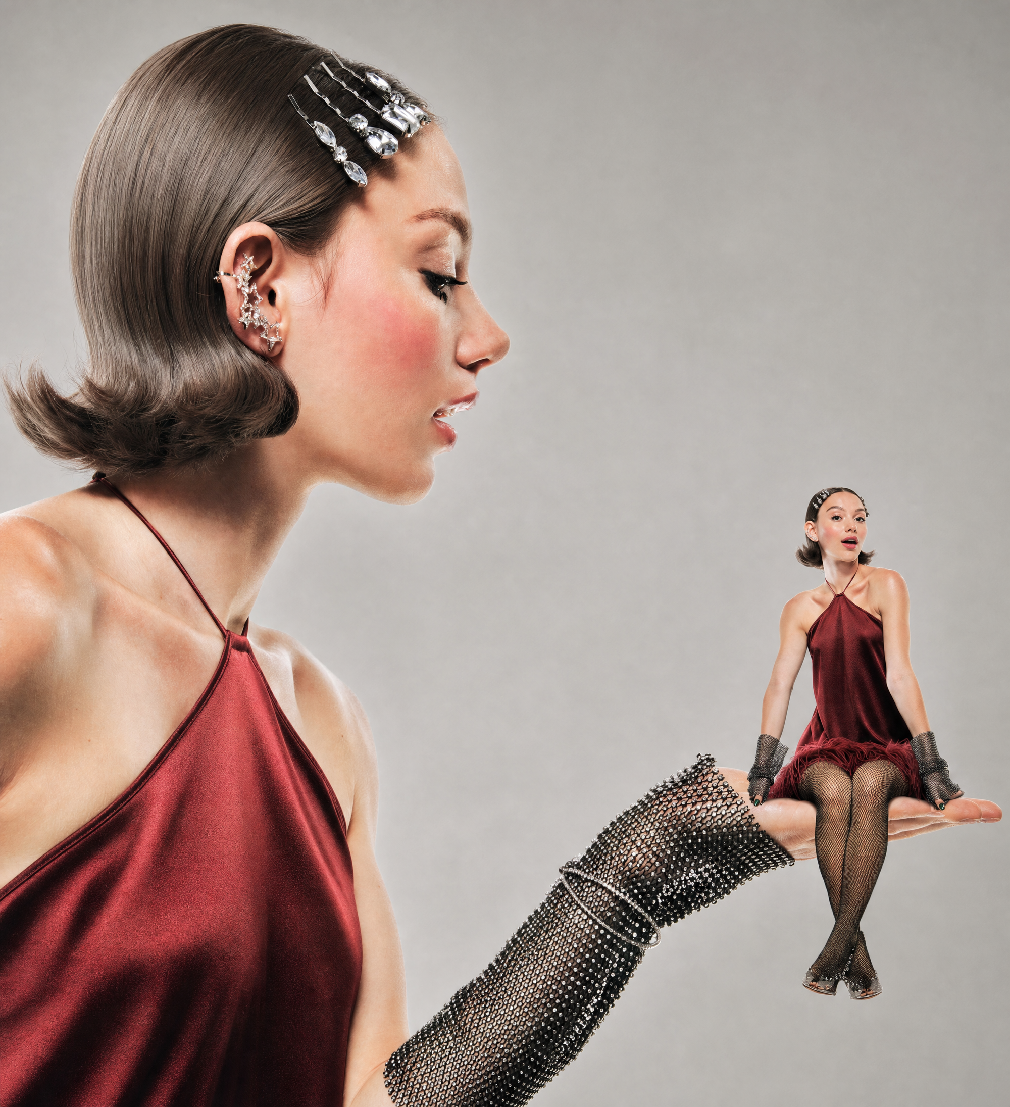 Young woman in deep red halter dress