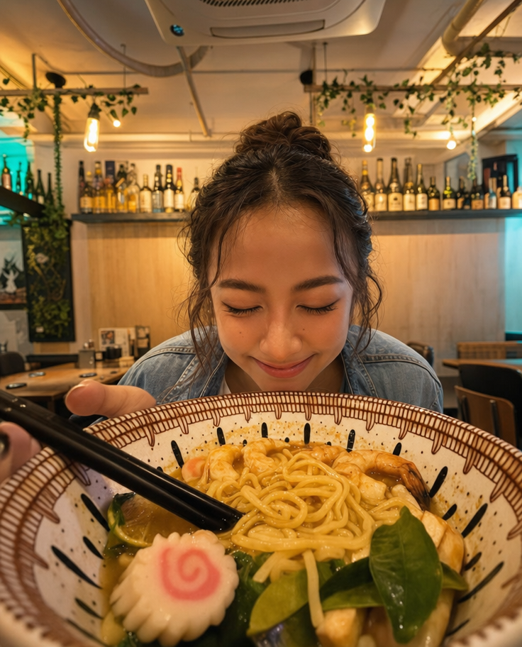 Young woman in denim jacket smiling over ramen