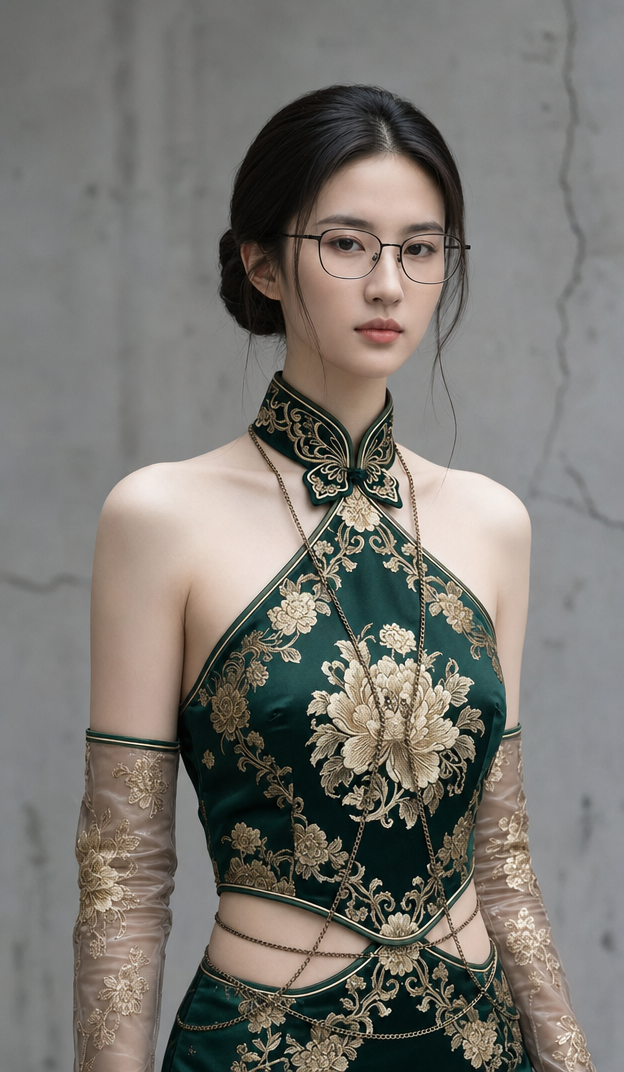 Young woman in emerald and black halter dress