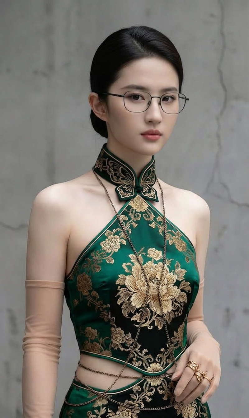 Young woman in emerald and black halter dress
