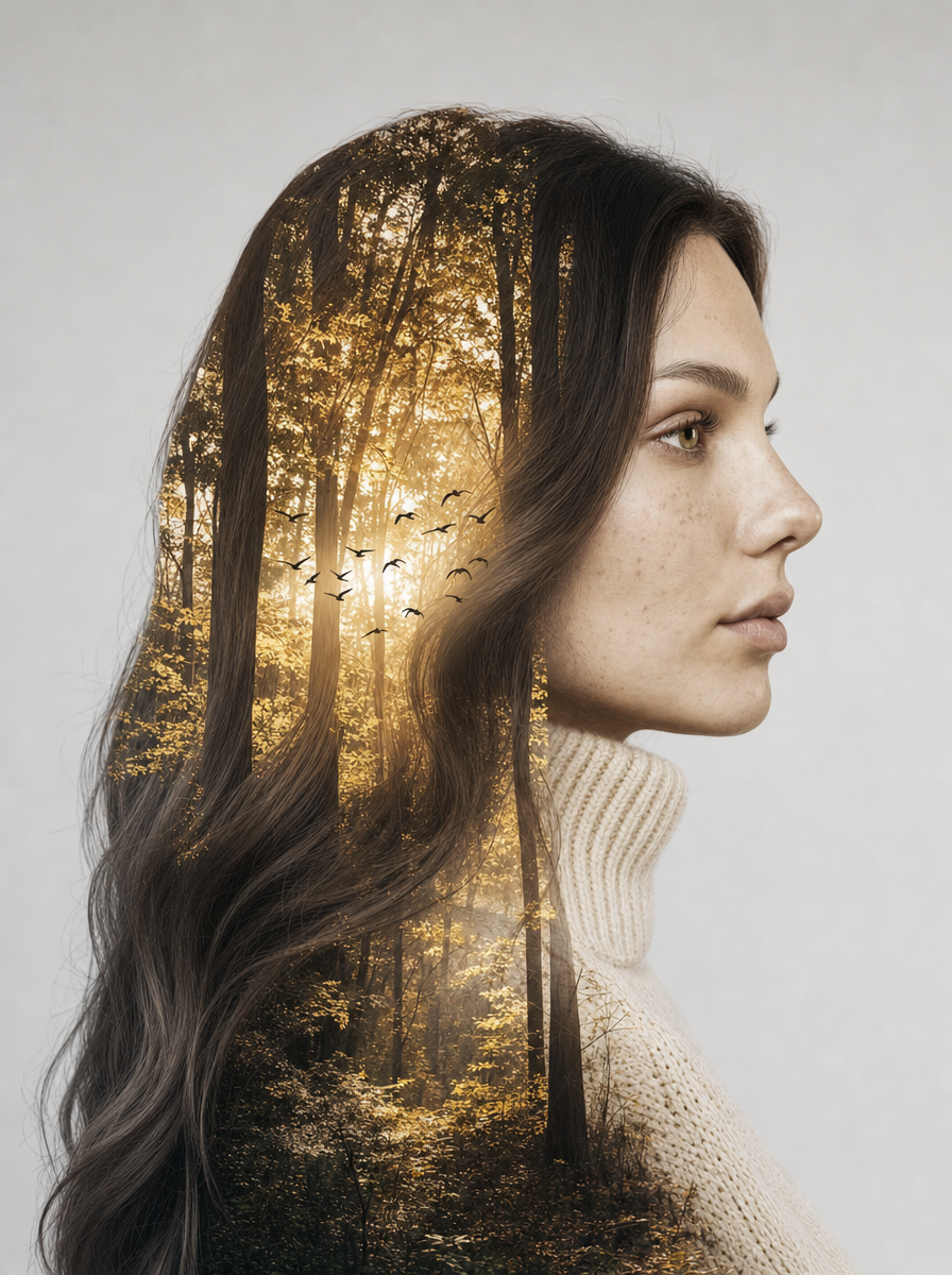 Young woman in forest glow, dark wavy hair